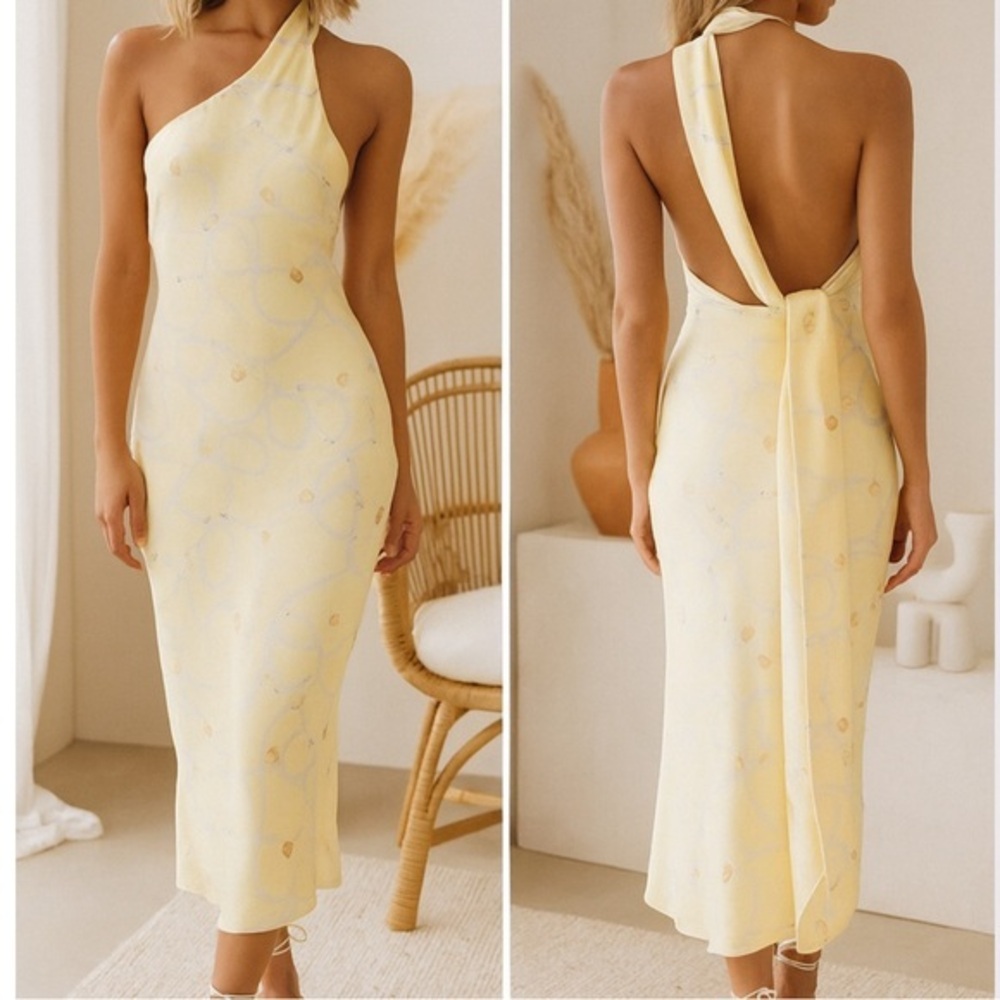 Asymmetrical Halter Midi Dress in Soft Yellow